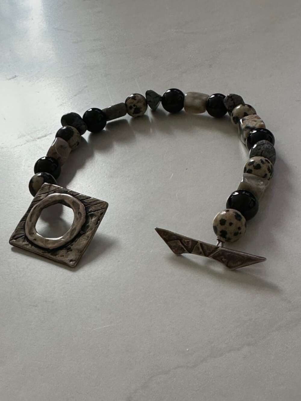 Boho Earthy Gemstone Bracelet | Hammered Silver Toggle Clasp | Boutique Find - Picture 3 of 6